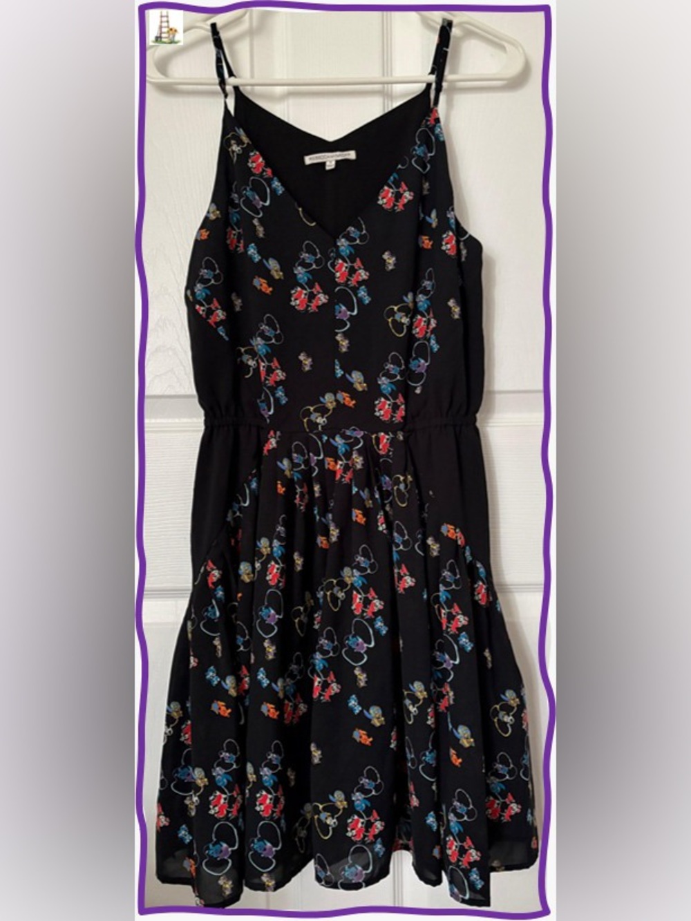 REBECCA MINKOFF-Black Floral Mini Dress with Multicolor Print